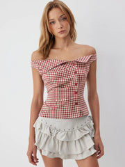 Jacquard Gingham Off-shoulder Asymmetrical Ruched Blouse