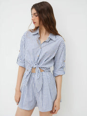 Cotton-blend Polo Neck Stripe Elastic Waist Knotted Romper