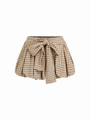 Mid Rise Plaid Bowknot Bubble Hem Mini Skort