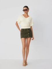 Knit Wool-blend V-neck Batwing Sleeve Short Sleeve Top