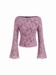 Boat Neck Applique Floral Lettuce Trim Bell Sleeve Blouse