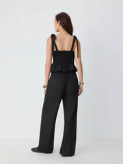 Linen-blend Sweetheart Bowknot Ruffled Tank Top & Mid Rise Wide Leg Trousers Set
