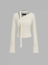 Asymmetrical Neck Solid Button Long Sleeve Top With Scarf