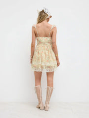 Sweetheart Ditsy Floral Layered Lace Trim Corset Mini Dress