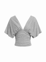 Lyocell-blend V-neck Batwing Sleeve Ruched Slim Tee