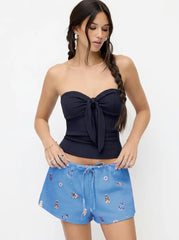 Cotton Pointelle Sweetheart Knotted Shirred Bandeau Top