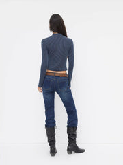High Neck Striped Asymmetrical Zipper Metal Detail Long Sleeve Top