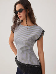 Cotton-blend Checks Lace Panel Asymmetrical Hem Short Sleeve Blouse