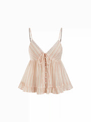 Woven Stripes V-neck Lace Panel Tie-front Oversized Cami Top