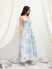 Jacquard Sculptural Halter Neckline Floral Maxi Dress
