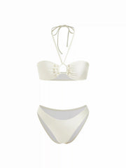 Halter Neckline Shell Detail Ruched Tie Front Bandeau Low Rise Bikini Set