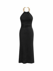 Halter Neck Ruched Chain Detail Maxi Bobycon Dress