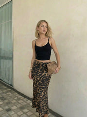 Scoop Neckline Crop Cami Top With High Rise Leopard Maxi Skirt
