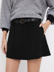 Mid Rise Solid Mini Skirt With Belt