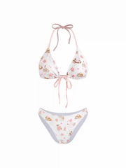 Cat Graphic Halter Neckline Floral Triangle Bikini Set