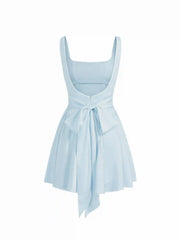 Satin Square Neck Solid Ruffle Knotted Mini Dress