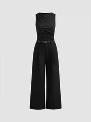 Woven Boat Neck Solid Ruched Jumpsuit With Belt