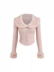 Faux Fur Collar Long Sleeve Rib Curved Hem Button Top