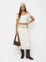 Lace Off-Shoulder Crop Top & Mid Rise A-line Maxi Skirt Set