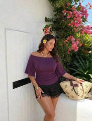 Boat Neck Mid-length Bell Sleeve Ruched Tee Curve & Plus