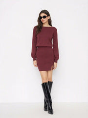 Knit Boat Neck Long Sleeve Split Mini Dress