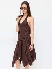 Lace V-neck Wrap Metal Detail Hanky Hem Midi Dress