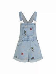 Denim Washed Embroidery Mid Rise Metal Detail Oversized Short Overalls