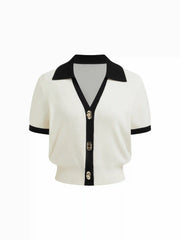 Knit Collar Colorblock Metal Button Short Sleeve Top