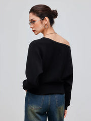 Asymmetrical Neck Solid Crop Long Sleeve Top