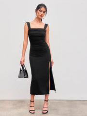 Square Neck Ruched Split Bowknot Maxi Dress