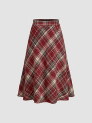 Wool-look Mid Rise Tartan Ruffle Hem Maxi Skirt