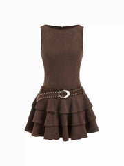 Round Neckline Layered Hem Mini Dress With Studded Belt