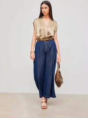 Satin V-neck Solid Ruched Sleeveless Shirt Bodysuit