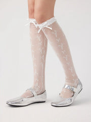 BOWKNOT CRIMPED TRIM LACE OVER THE KNEE SOCKS