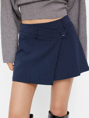 Low Rise Striped Asymmetrical Hem Zipper Mini Skirt