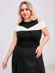 Knitted Round Neckline Bow-trim Off-shoulder Top Curve & Plus