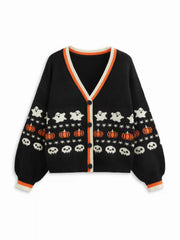 Knit V-neck Star Pumpkin Ghost Contrasting Binding Oversized Cardigan Curve & Plus
