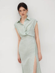 Cotton-blend Collar Striped Split Midi Shirt Dress