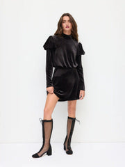 Velvet Stand Collar Ruched Ruffle Hem Mini Dress