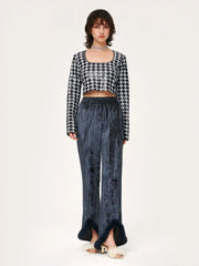 Talk About It Houndstooth Cropped Long Sleeve Top