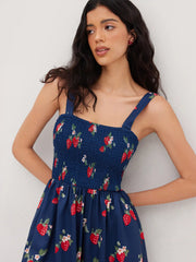 Square Neck Strawberry Shirred Tiered Maxi Dress