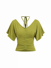 V-neck Ruffle Sleeve Ruched Halter Top