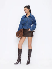 Denim Collar Long Sleeve Cinched Waist Ruffle Hem Crop Jacket
