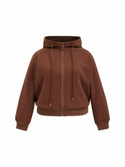 Cotton-blend Collar Zip Through Top & Mid Rise Drawstring Straight Leg Trousers Set Curve & Plus