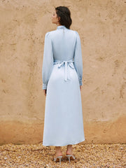 Satin Stand Collar Lantern Sleeve Bowknot Flared Maxi Dress