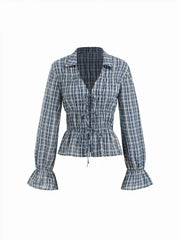 Cotton-blend V-neck Ruffle Sleeve Plaid Tie Front Shirred Blouse