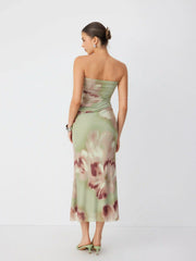 Mesh Floral Graphic Bandeau Drawstring Mermaid Maxi Dress