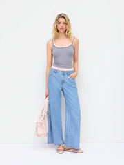 Denim Mid Rise Flared Tapered Back Metal Detail Trousers