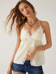 Halter Neckline Lace Trim Split Cami Blouse