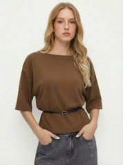 Boat Neck Short Sleeve Top With Belt